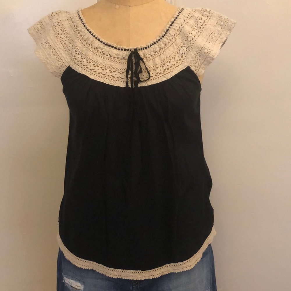 Lucky Brand Black Top with Cream Crochet Yoke